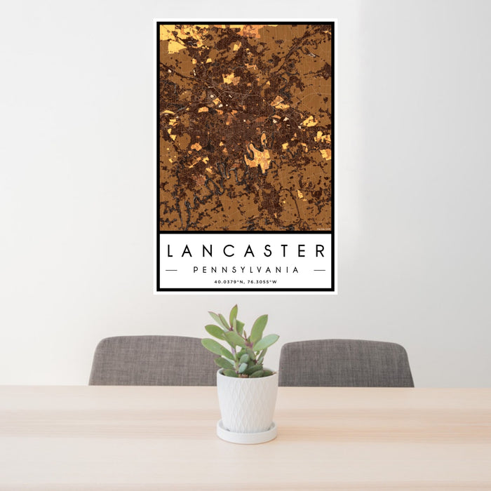 24x36 Lancaster Pennsylvania Map Print Portrait Orientation in Ember Style Behind 2 Chairs Table and Potted Plant