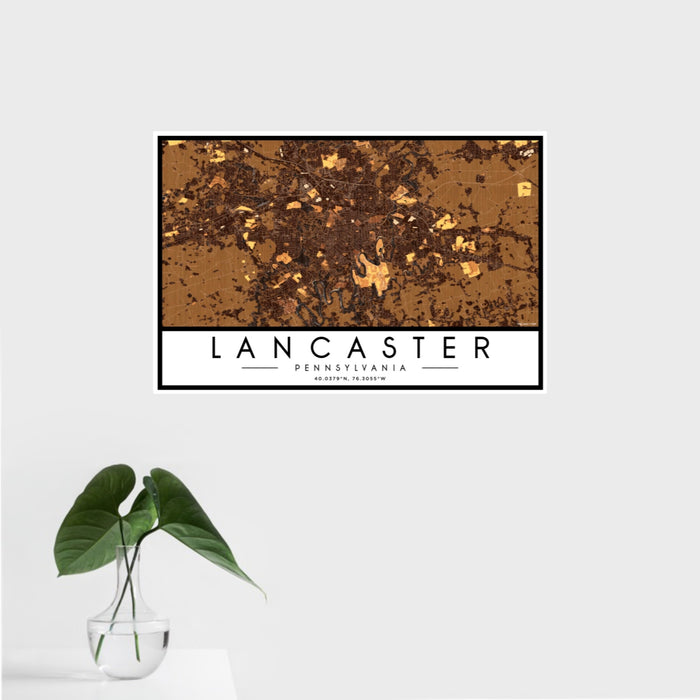 16x24 Lancaster Pennsylvania Map Print Landscape Orientation in Ember Style With Tropical Plant Leaves in Water