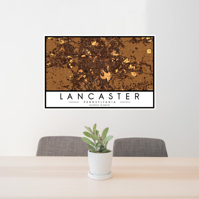 24x36 Lancaster Pennsylvania Map Print Landscape Orientation in Ember Style Behind 2 Chairs Table and Potted Plant