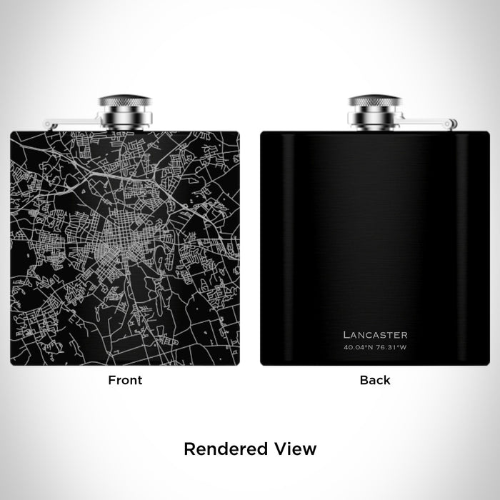 Rendered View of Lancaster Pennsylvania Map Engraving on 6oz Stainless Steel Flask in Black