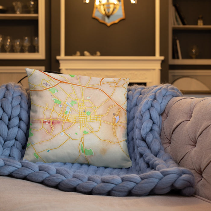 Custom Lancaster Pennsylvania Map Throw Pillow in Watercolor on Cream Colored Couch