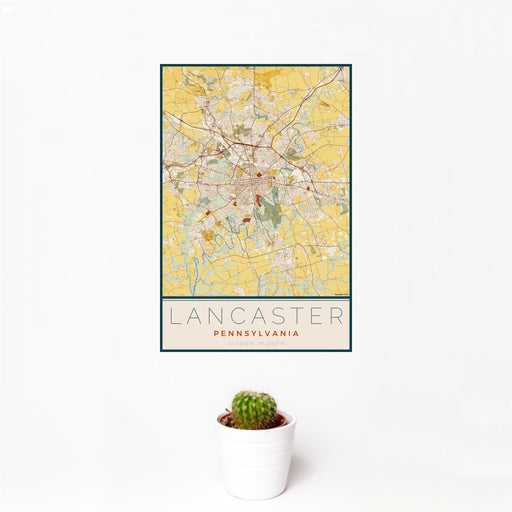 12x18 Lancaster Pennsylvania Map Print Portrait Orientation in Woodblock Style With Small Cactus Plant in White Planter