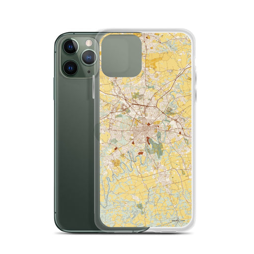Custom Lancaster Pennsylvania Map Phone Case in Woodblock on Table with Laptop and Plant