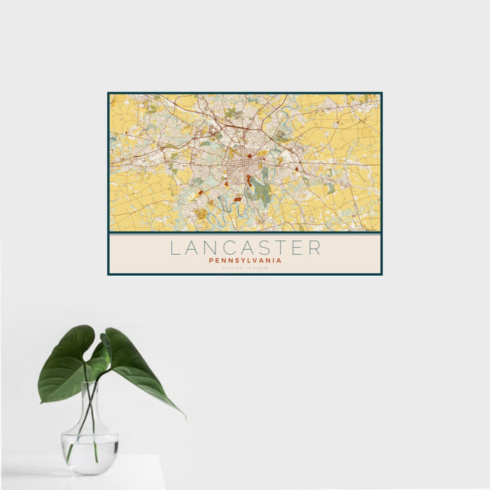 16x24 Lancaster Pennsylvania Map Print Landscape Orientation in Woodblock Style With Tropical Plant Leaves in Water