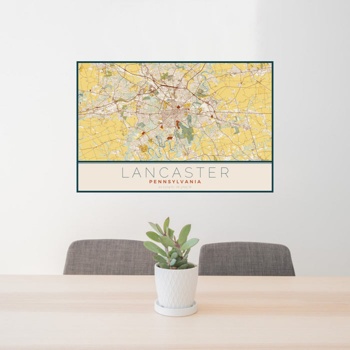 24x36 Lancaster Pennsylvania Map Print Landscape Orientation in Woodblock Style Behind 2 Chairs Table and Potted Plant