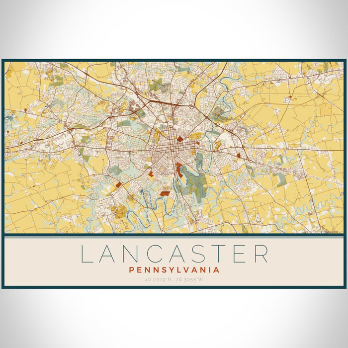 Lancaster Pennsylvania Map Print Landscape Orientation in Woodblock Style With Shaded Background