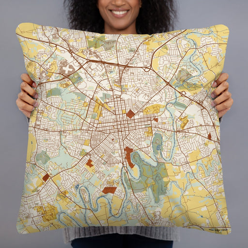 Person holding 22x22 Custom Lancaster Pennsylvania Map Throw Pillow in Woodblock
