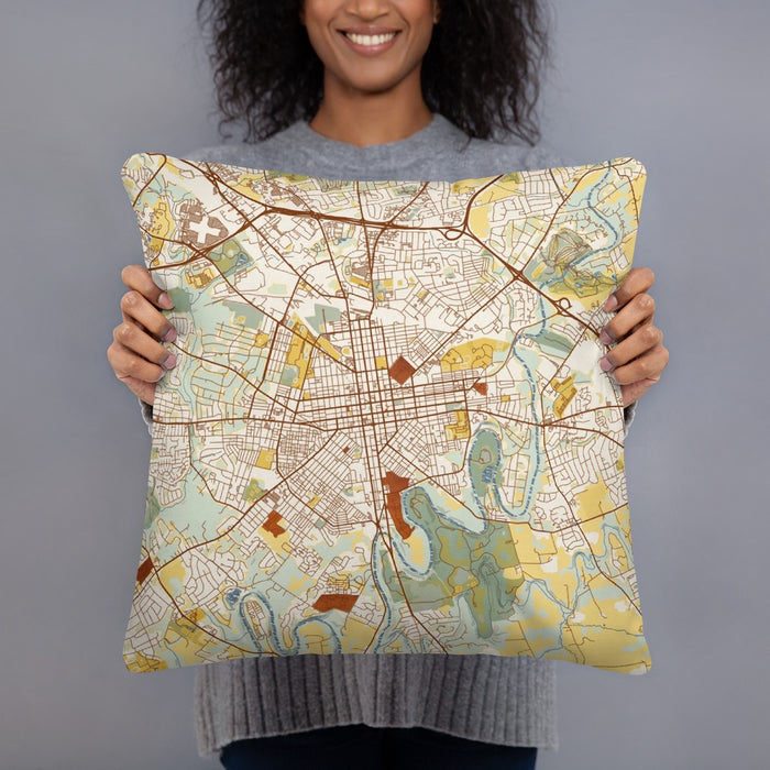 Person holding 18x18 Custom Lancaster Pennsylvania Map Throw Pillow in Woodblock