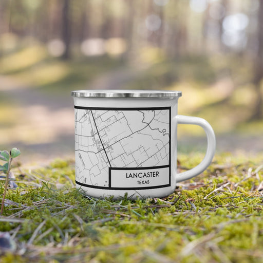 Right View Custom Lancaster Texas Map Enamel Mug in Classic on Grass With Trees in Background