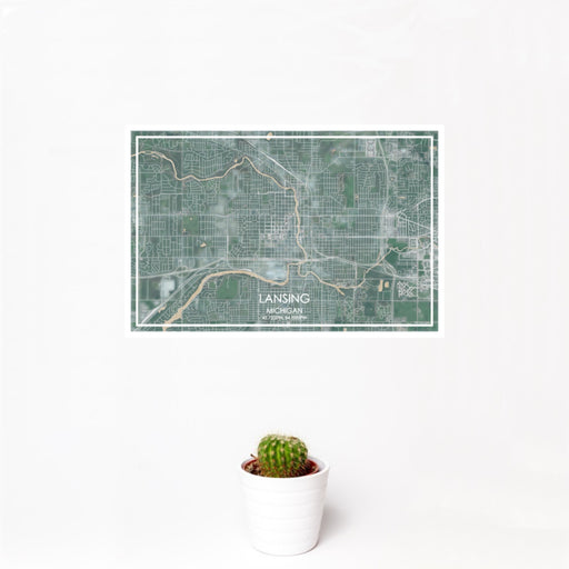 12x18 Lansing Michigan Map Print Landscape Orientation in Afternoon Style With Small Cactus Plant in White Planter