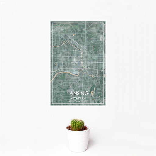 12x18 Lansing Michigan Map Print Portrait Orientation in Afternoon Style With Small Cactus Plant in White Planter