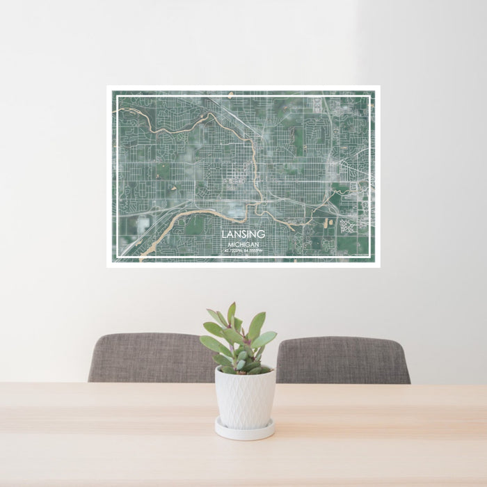 24x36 Lansing Michigan Map Print Lanscape Orientation in Afternoon Style Behind 2 Chairs Table and Potted Plant