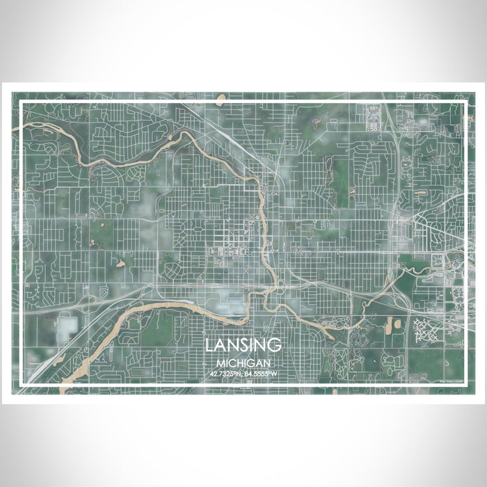 Lansing Michigan Map Print Landscape Orientation in Afternoon Style With Shaded Background