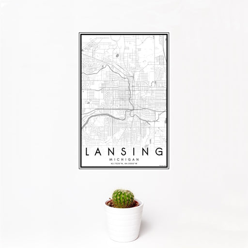 12x18 Lansing Michigan Map Print Portrait Orientation in Classic Style With Small Cactus Plant in White Planter