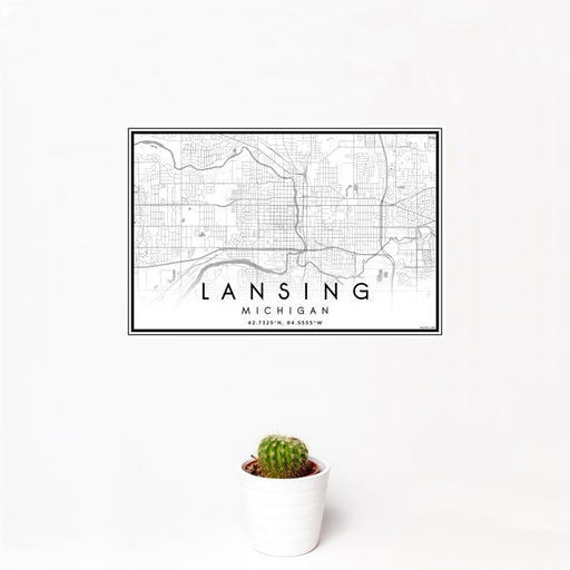 12x18 Lansing Michigan Map Print Landscape Orientation in Classic Style With Small Cactus Plant in White Planter