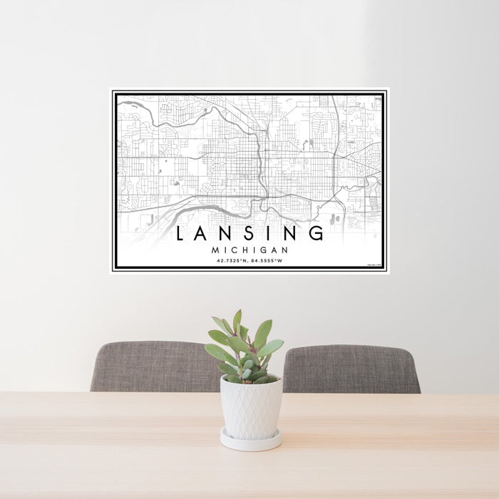 24x36 Lansing Michigan Map Print Landscape Orientation in Classic Style Behind 2 Chairs Table and Potted Plant