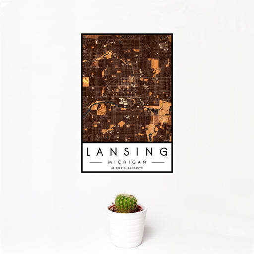 12x18 Lansing Michigan Map Print Portrait Orientation in Ember Style With Small Cactus Plant in White Planter