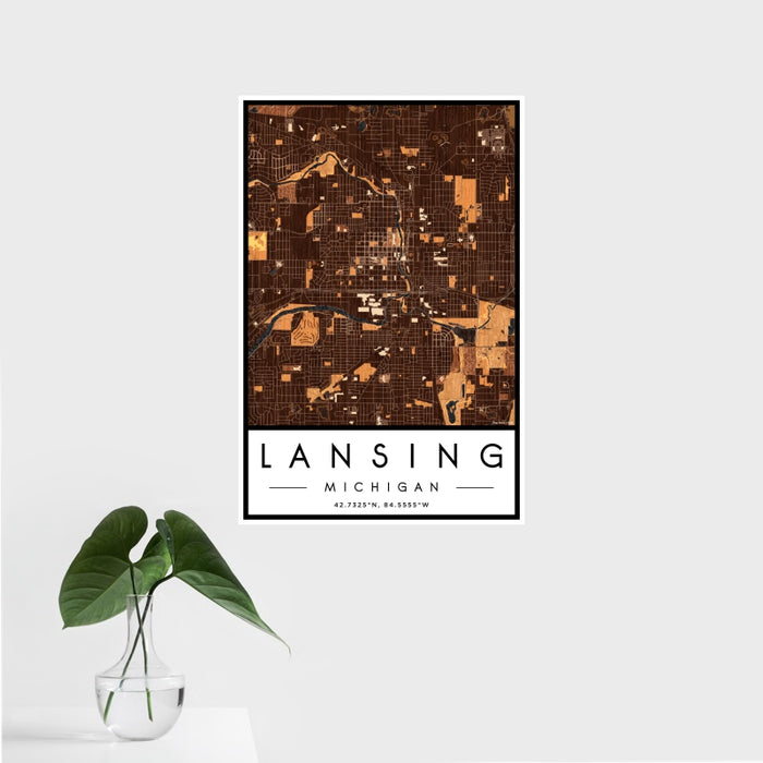 16x24 Lansing Michigan Map Print Portrait Orientation in Ember Style With Tropical Plant Leaves in Water