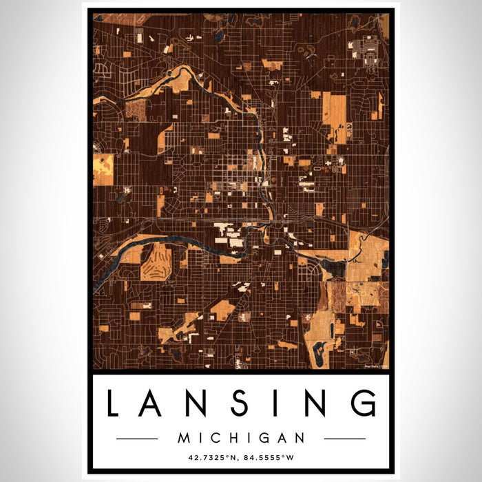 Lansing Michigan Map Print Portrait Orientation in Ember Style With Shaded Background