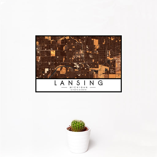 12x18 Lansing Michigan Map Print Landscape Orientation in Ember Style With Small Cactus Plant in White Planter