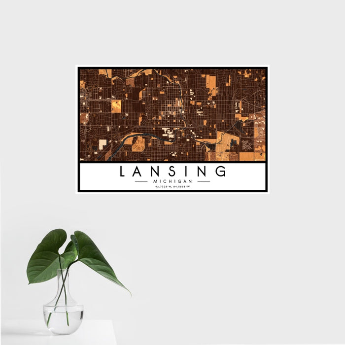 16x24 Lansing Michigan Map Print Landscape Orientation in Ember Style With Tropical Plant Leaves in Water
