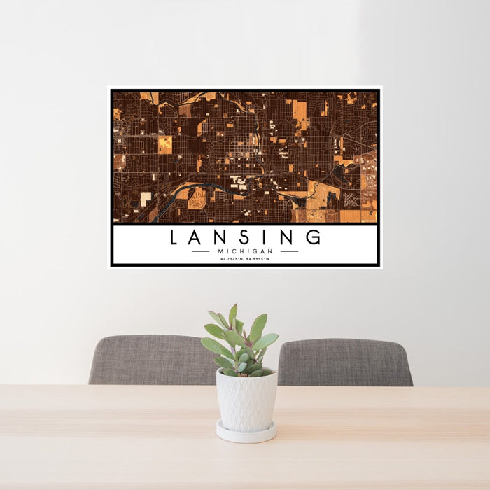 24x36 Lansing Michigan Map Print Landscape Orientation in Ember Style Behind 2 Chairs Table and Potted Plant