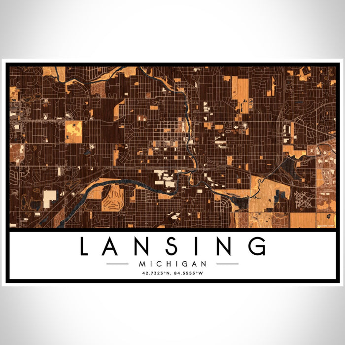 Lansing Michigan Map Print Landscape Orientation in Ember Style With Shaded Background