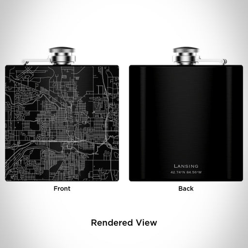 Rendered View of Lansing Michigan Map Engraving on 6oz Stainless Steel Flask in Black