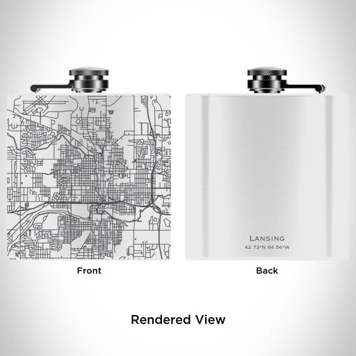 Rendered View of Lansing Michigan Map Engraving on 6oz Stainless Steel Flask in White