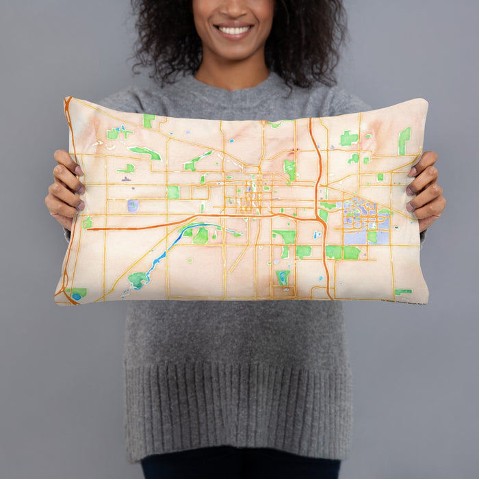 Person holding 20x12 Custom Lansing Michigan Map Throw Pillow in Watercolor