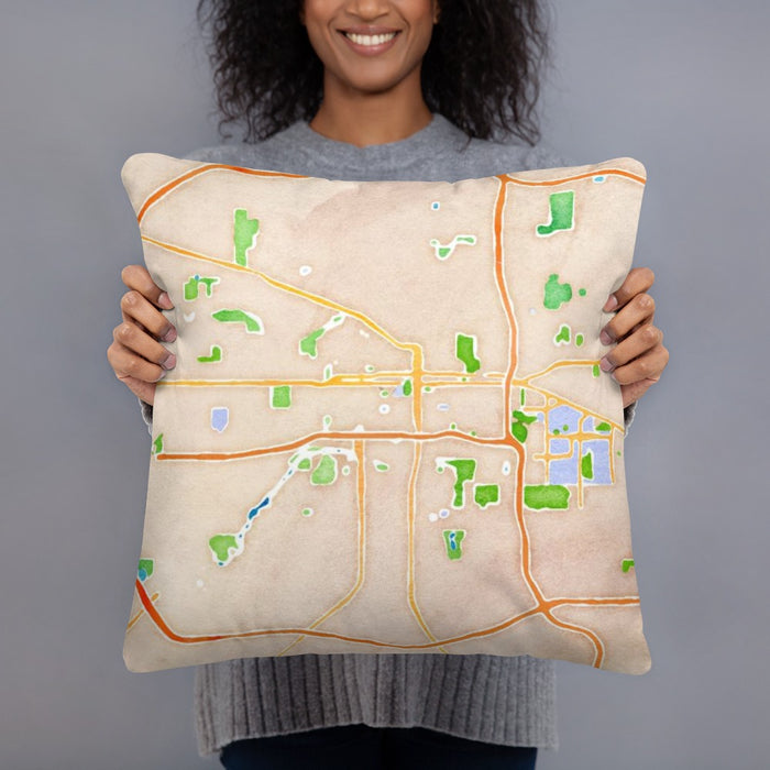 Person holding 18x18 Custom Lansing Michigan Map Throw Pillow in Watercolor