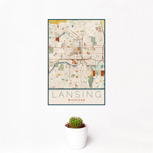 12x18 Lansing Michigan Map Print Portrait Orientation in Woodblock Style With Small Cactus Plant in White Planter