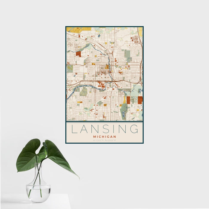 16x24 Lansing Michigan Map Print Portrait Orientation in Woodblock Style With Tropical Plant Leaves in Water