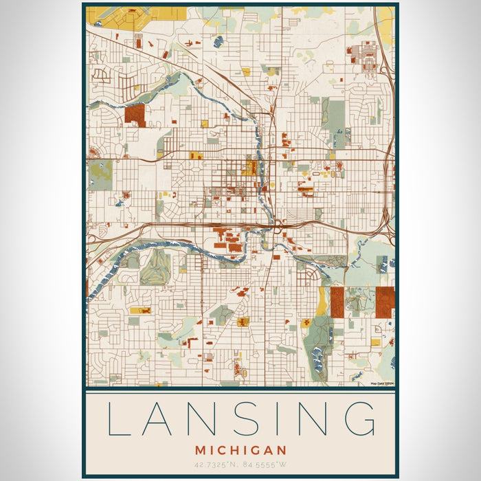 Lansing Michigan Map Print Portrait Orientation in Woodblock Style With Shaded Background