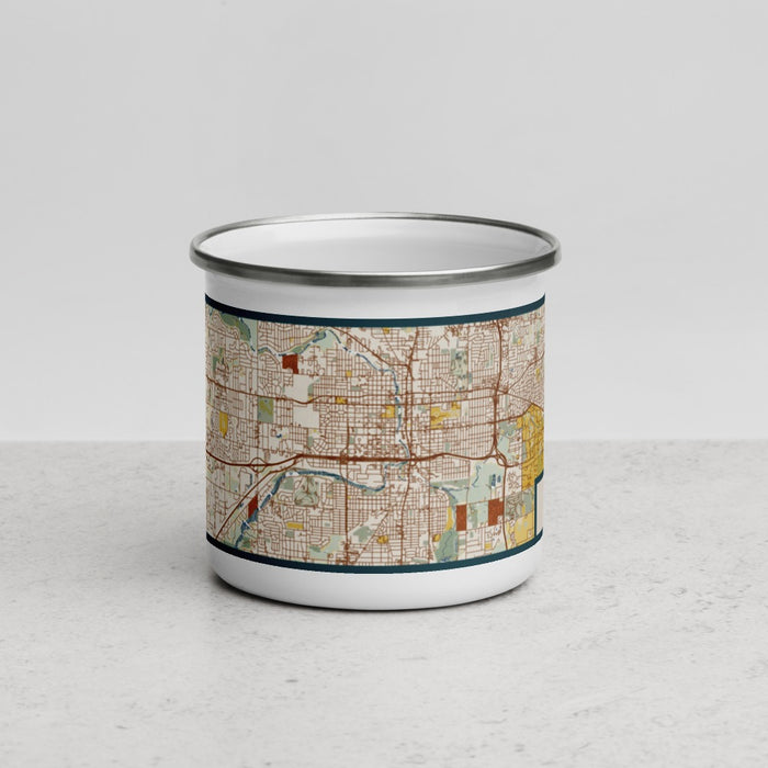 Front View Custom Lansing Michigan Map Enamel Mug in Woodblock