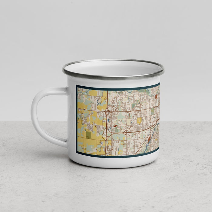 Left View Custom Lansing Michigan Map Enamel Mug in Woodblock