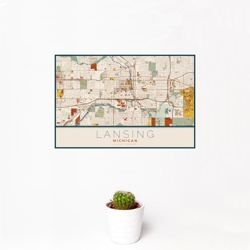 12x18 Lansing Michigan Map Print Landscape Orientation in Woodblock Style With Small Cactus Plant in White Planter