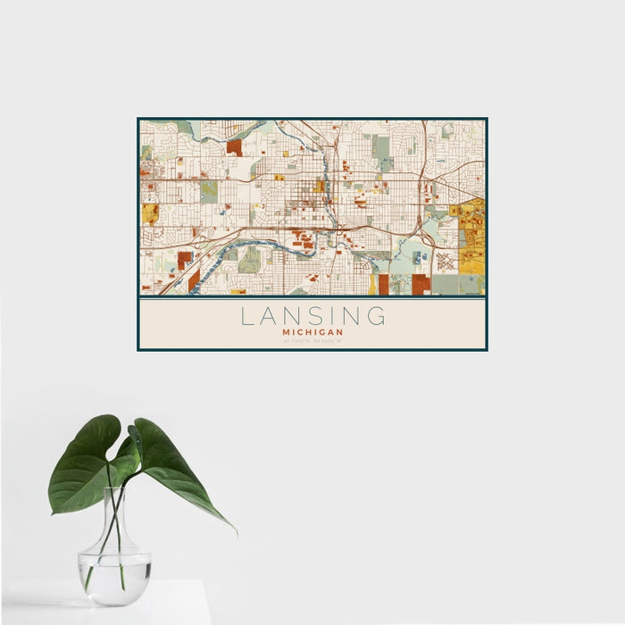 16x24 Lansing Michigan Map Print Landscape Orientation in Woodblock Style With Tropical Plant Leaves in Water