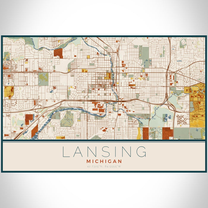 Lansing Michigan Map Print Landscape Orientation in Woodblock Style With Shaded Background