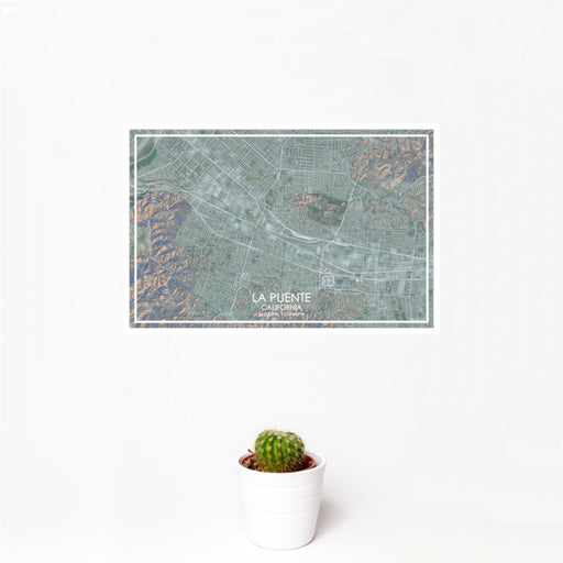 12x18 La Puente California Map Print Landscape Orientation in Afternoon Style With Small Cactus Plant in White Planter