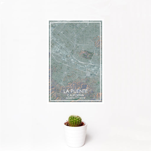 12x18 La Puente California Map Print Portrait Orientation in Afternoon Style With Small Cactus Plant in White Planter