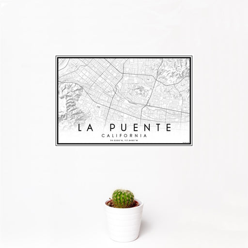 12x18 La Puente California Map Print Landscape Orientation in Classic Style With Small Cactus Plant in White Planter