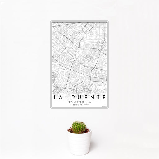 12x18 La Puente California Map Print Portrait Orientation in Classic Style With Small Cactus Plant in White Planter