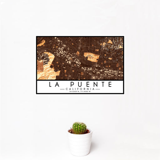 12x18 La Puente California Map Print Landscape Orientation in Ember Style With Small Cactus Plant in White Planter