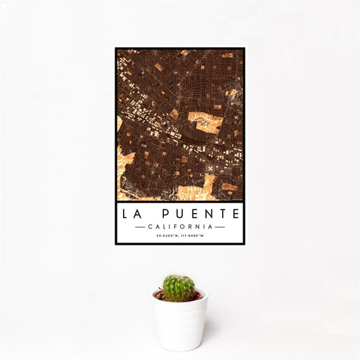 12x18 La Puente California Map Print Portrait Orientation in Ember Style With Small Cactus Plant in White Planter