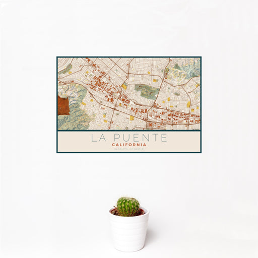 12x18 La Puente California Map Print Landscape Orientation in Woodblock Style With Small Cactus Plant in White Planter