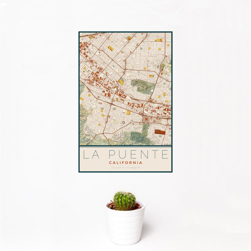 12x18 La Puente California Map Print Portrait Orientation in Woodblock Style With Small Cactus Plant in White Planter