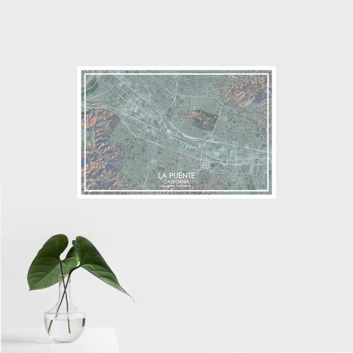 16x24 La Puente California Map Print Landscape Orientation in Afternoon Style With Tropical Plant Leaves in Water
