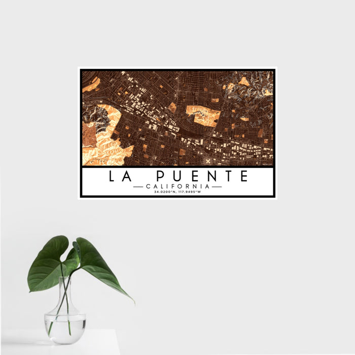 16x24 La Puente California Map Print Landscape Orientation in Ember Style With Tropical Plant Leaves in Water