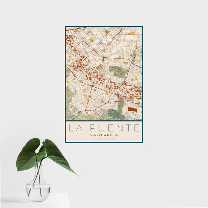 16x24 La Puente California Map Print Portrait Orientation in Woodblock Style With Tropical Plant Leaves in Water
